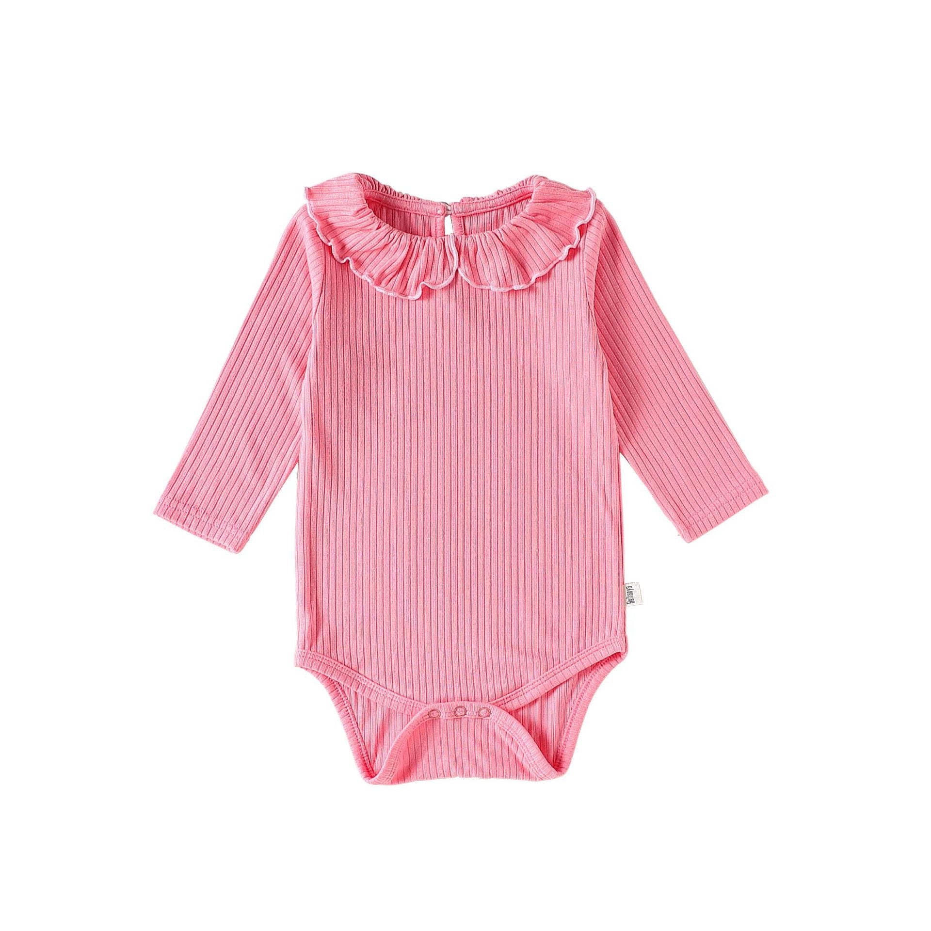 MyKids-USA® Baby Girls Long Sleeves Solid Color Bodysuit with Collar