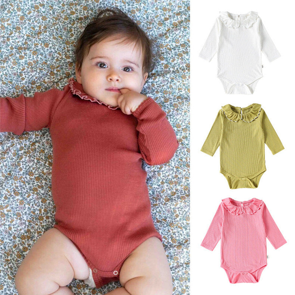 MyKids-USA® Baby Girls Long Sleeves Solid Color Bodysuit with Collar